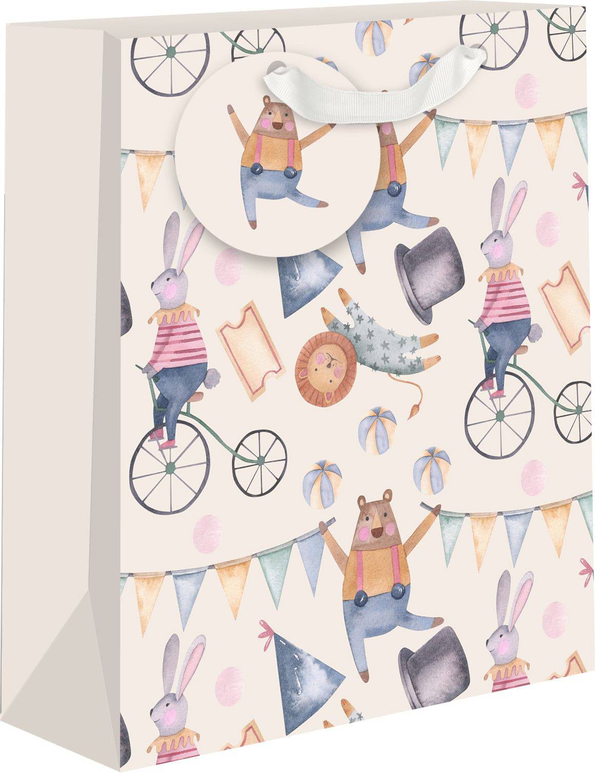 Medium Pictura Circus gift bags featuring colorful circus-themed designs with handles for easy carrying.